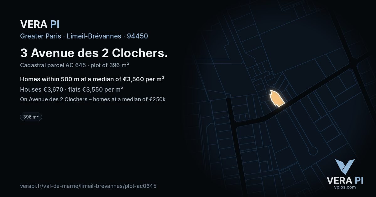 3 Avenue des 2 Clochers, Limeil-Brévannes at night – the plot lit, the parcels around coloured by the prices near them
