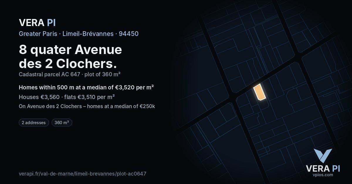 8 quater Avenue des 2 Clochers, Limeil-Brévannes at night – the plot lit, the parcels around coloured by the prices near them