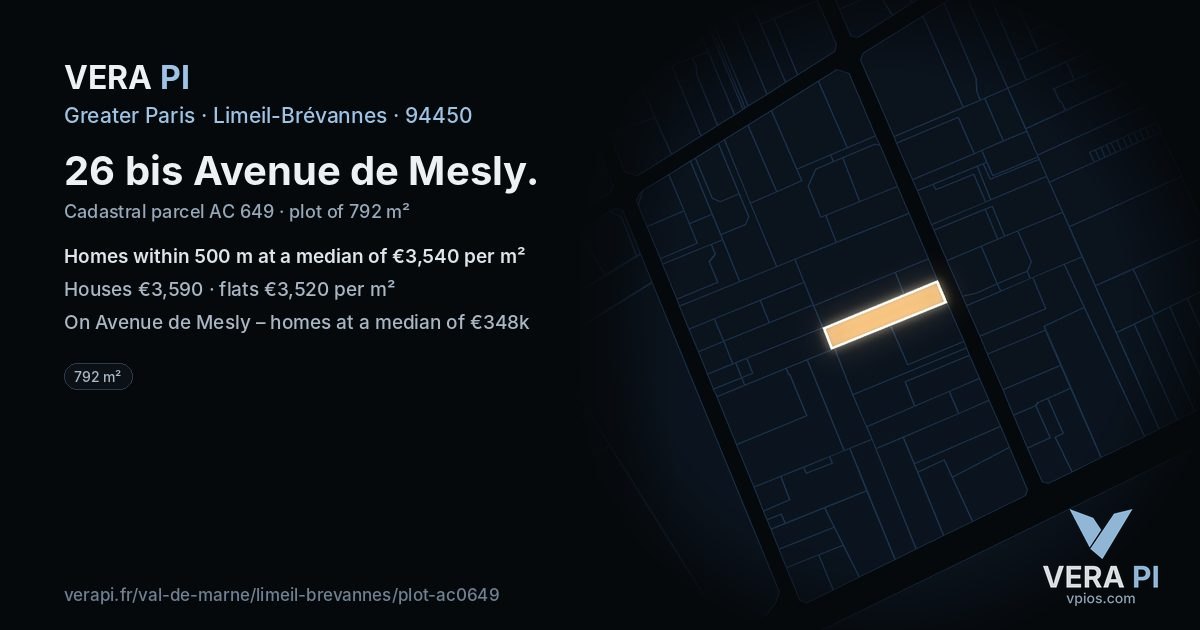 26 bis Avenue de Mesly, Limeil-Brévannes at night – the plot lit, the parcels around coloured by the prices near them