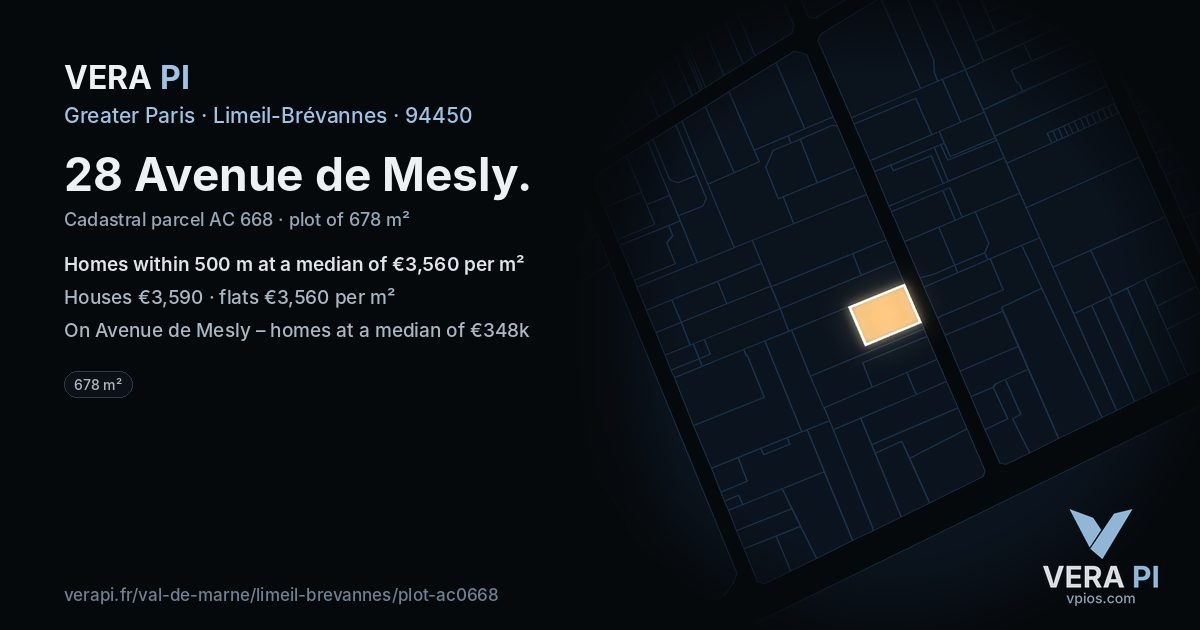 28 Avenue de Mesly, Limeil-Brévannes at night – the plot lit, the parcels around coloured by the prices near them