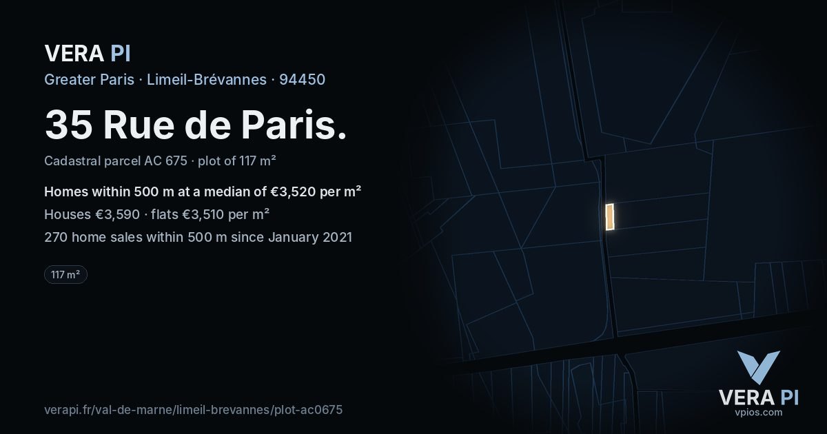 35 Rue de Paris, Limeil-Brévannes at night – the plot lit, the parcels around coloured by the prices near them