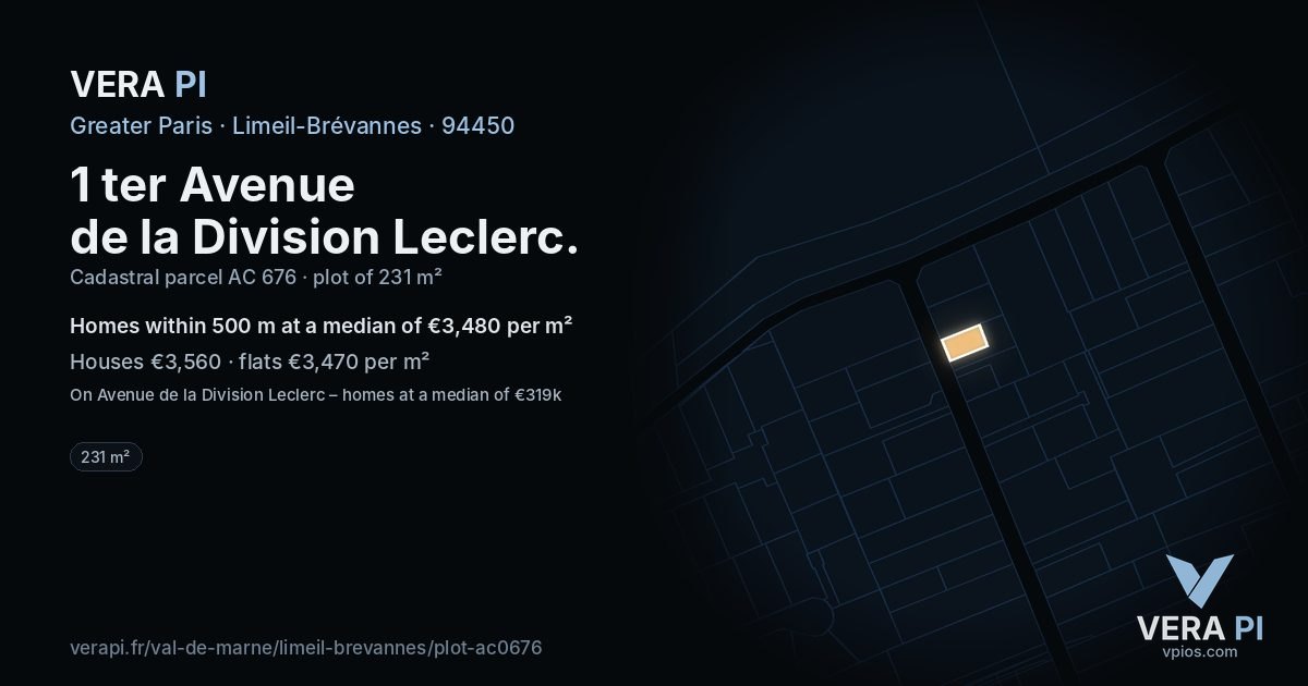 1 ter Avenue de la Division Leclerc, Limeil-Brévannes at night – the plot lit, the parcels around coloured by the prices near them