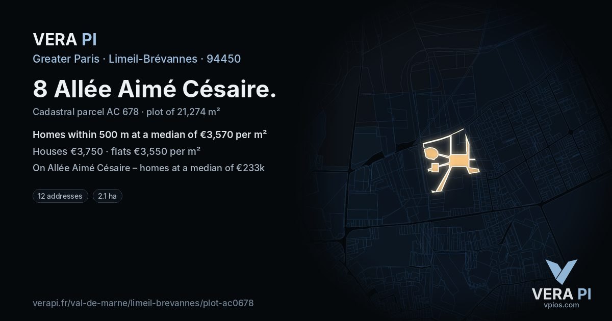 8 Allée Aimé Césaire, Limeil-Brévannes at night – the plot lit, the parcels around coloured by the prices near them