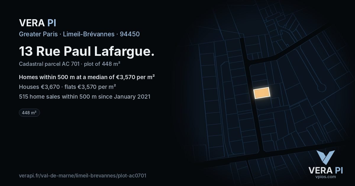 13 Rue Paul Lafargue, Limeil-Brévannes at night – the plot lit, the parcels around coloured by the prices near them