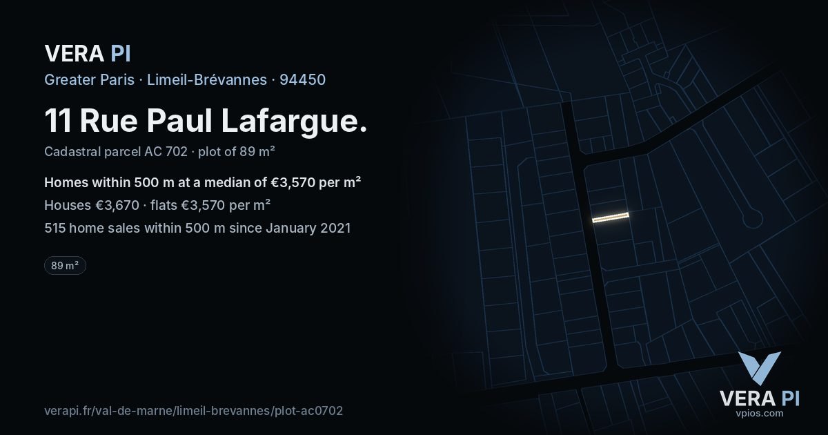 11 Rue Paul Lafargue, Limeil-Brévannes at night – the plot lit, the parcels around coloured by the prices near them