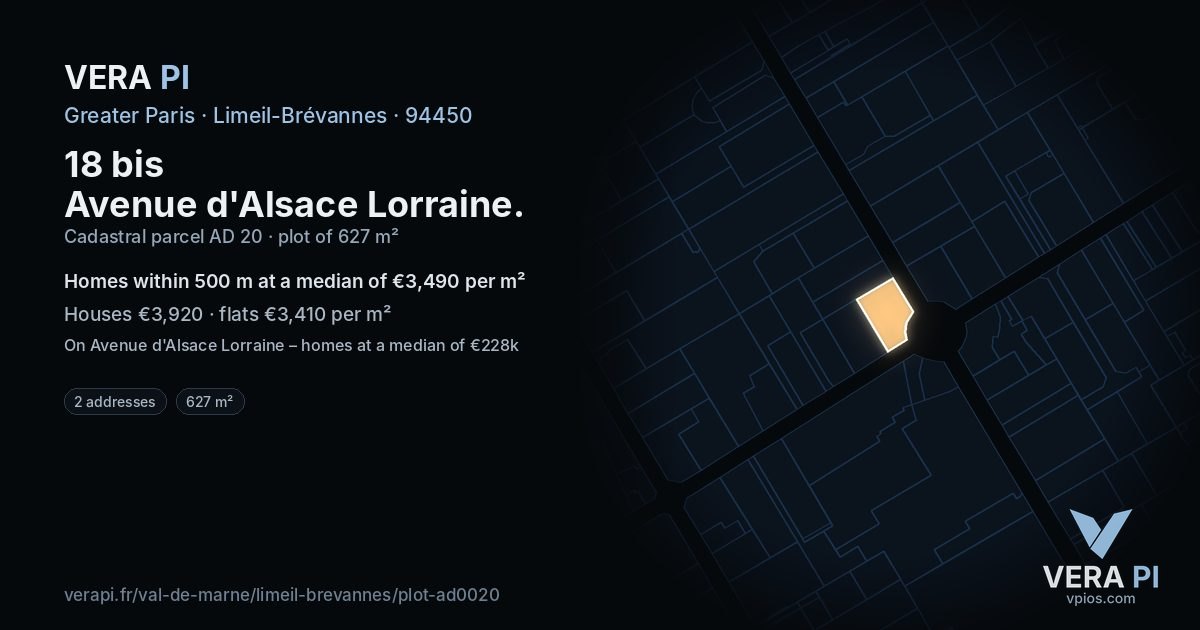 18 bis Avenue d'Alsace Lorraine, Limeil-Brévannes at night – the plot lit, the parcels around coloured by the prices near them