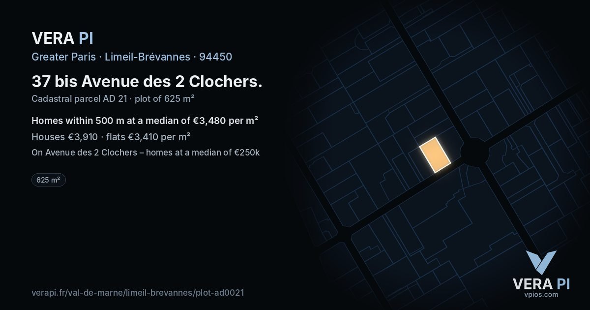 37 bis Avenue des 2 Clochers, Limeil-Brévannes at night – the plot lit, the parcels around coloured by the prices near them