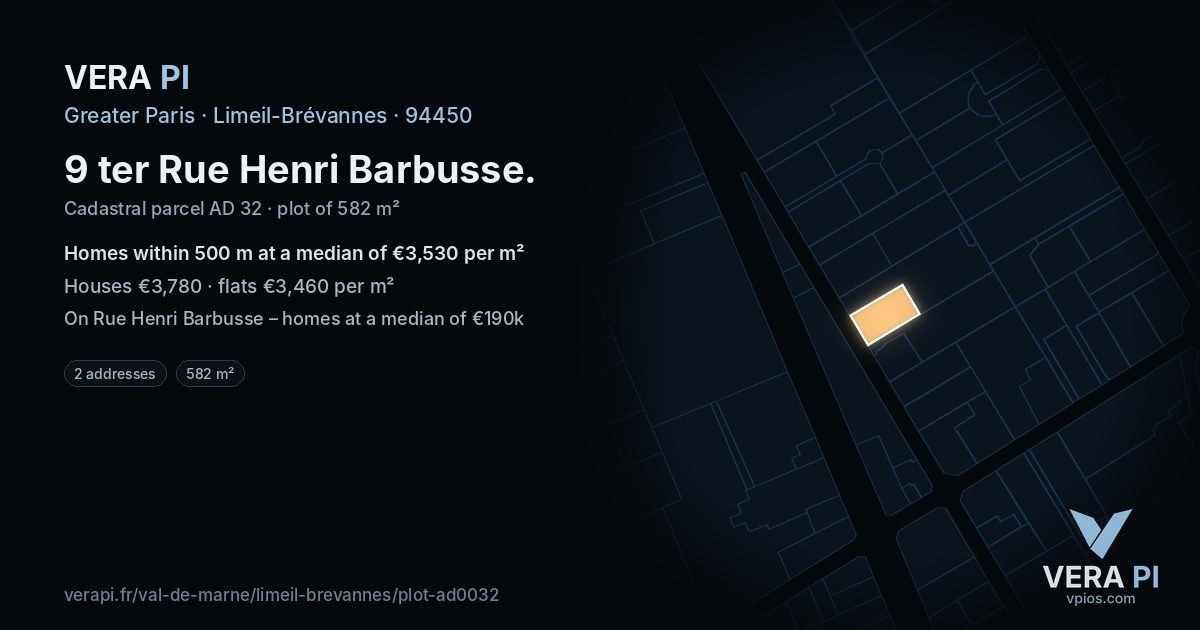 9 ter Rue Henri Barbusse, Limeil-Brévannes at night – the plot lit, the parcels around coloured by the prices near them