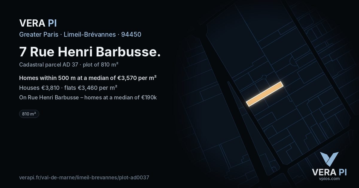 7 Rue Henri Barbusse, Limeil-Brévannes at night – the plot lit, the parcels around coloured by the prices near them