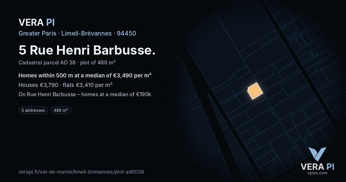 5 Rue Henri Barbusse, Limeil-Brévannes at night – the plot lit, the parcels around coloured by the prices near them