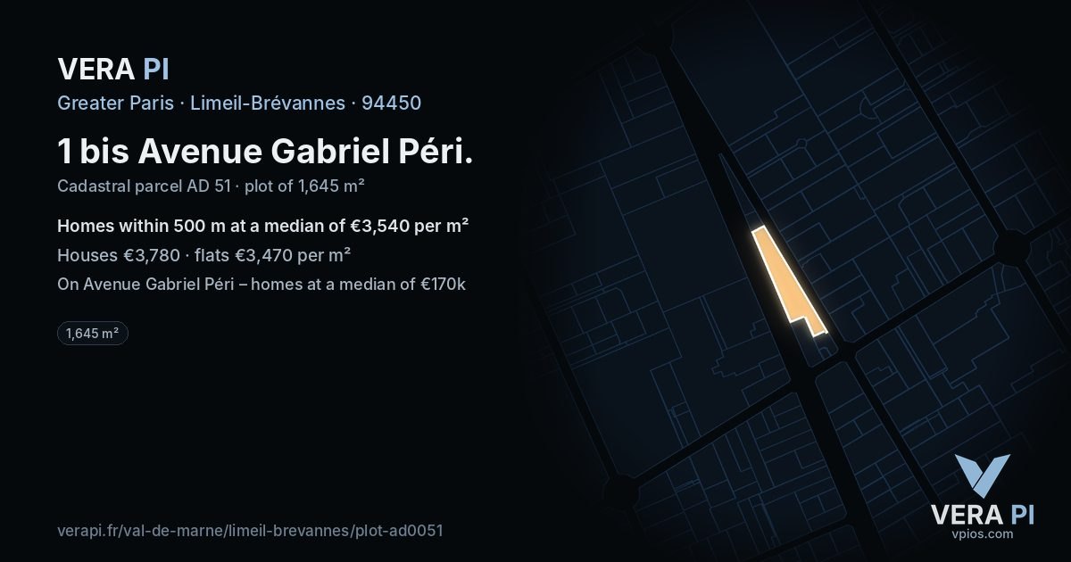 1 bis Avenue Gabriel Péri, Limeil-Brévannes at night – the plot lit, the parcels around coloured by the prices near them