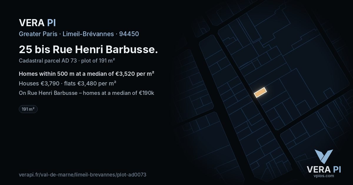 25 bis Rue Henri Barbusse, Limeil-Brévannes at night – the plot lit, the parcels around coloured by the prices near them