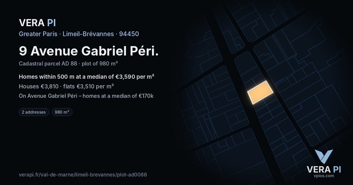 9 Avenue Gabriel Péri, Limeil-Brévannes at night – the plot lit, the parcels around coloured by the prices near them
