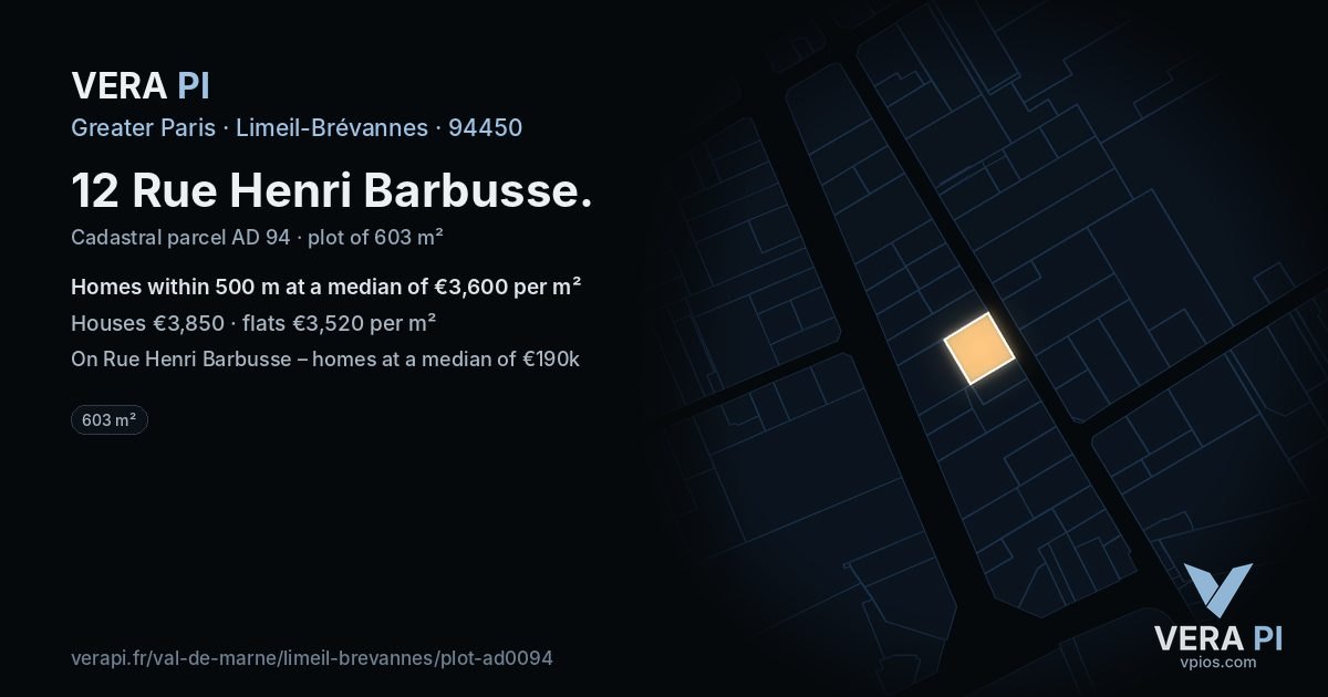 12 Rue Henri Barbusse, Limeil-Brévannes at night – the plot lit, the parcels around coloured by the prices near them