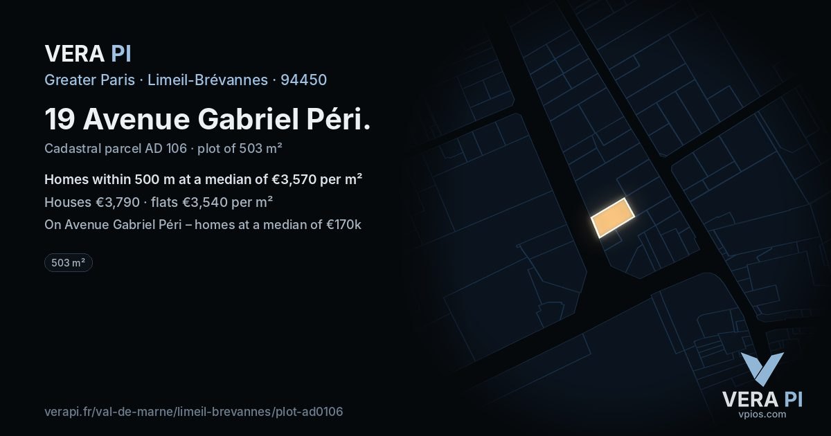 19 Avenue Gabriel Péri, Limeil-Brévannes at night – the plot lit, the parcels around coloured by the prices near them