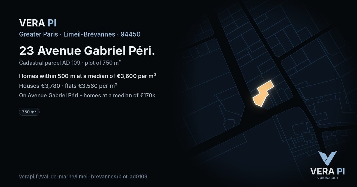 23 Avenue Gabriel Péri, Limeil-Brévannes at night – the plot lit, the parcels around coloured by the prices near them
