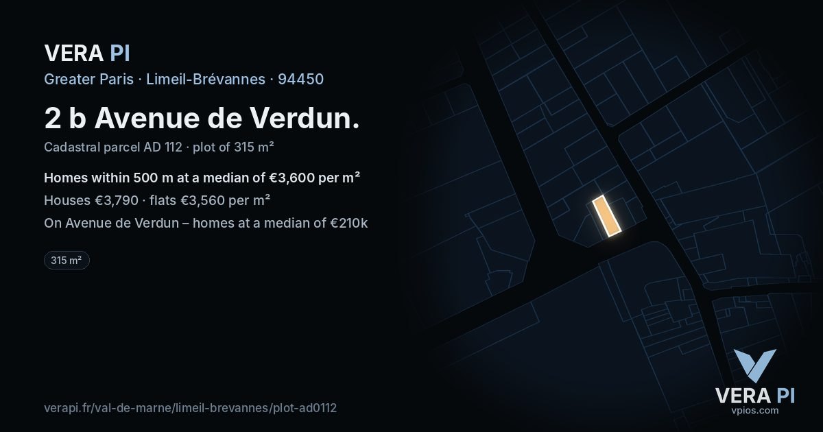 2 b Avenue de Verdun, Limeil-Brévannes at night – the plot lit, the parcels around coloured by the prices near them