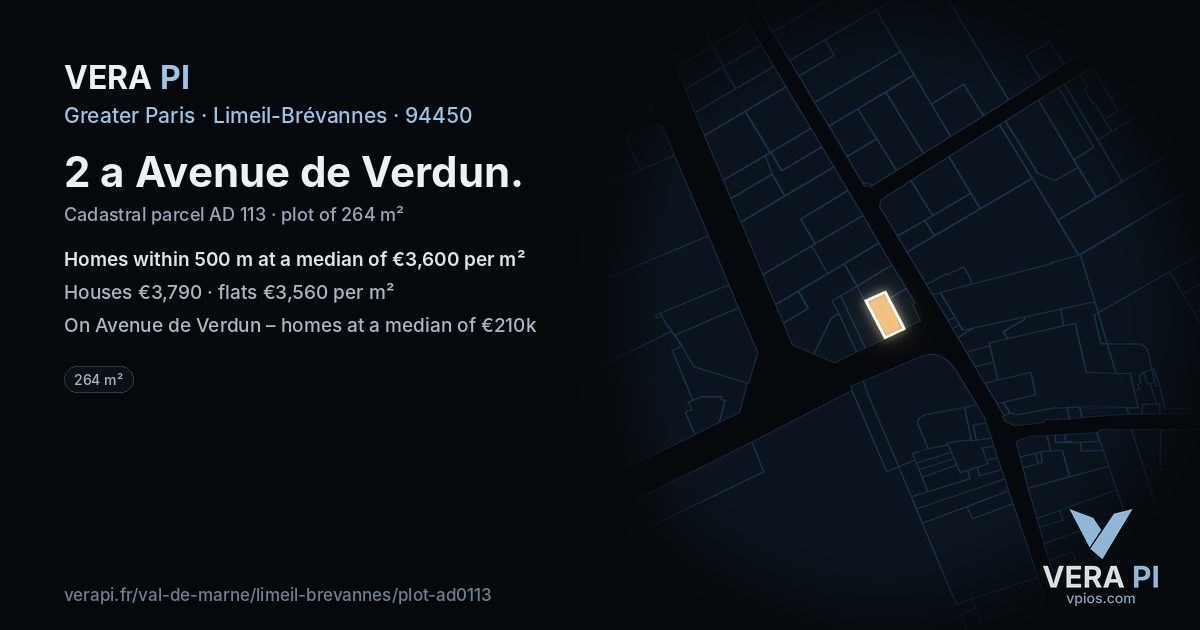 2 a Avenue de Verdun, Limeil-Brévannes at night – the plot lit, the parcels around coloured by the prices near them