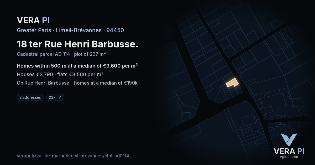 18 ter Rue Henri Barbusse, Limeil-Brévannes at night – the plot lit, the parcels around coloured by the prices near them