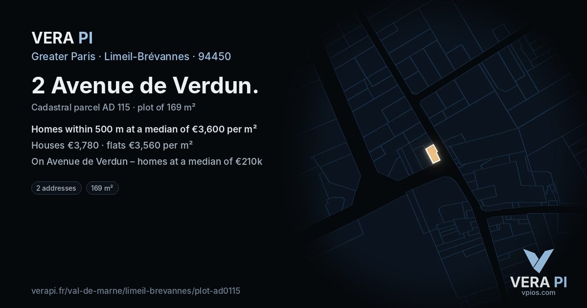 2 Avenue de Verdun, Limeil-Brévannes at night – the plot lit, the parcels around coloured by the prices near them