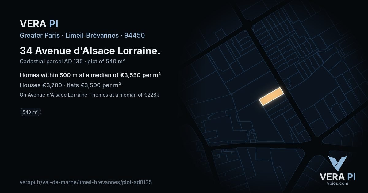 34 Avenue d'Alsace Lorraine, Limeil-Brévannes at night – the plot lit, the parcels around coloured by the prices near them