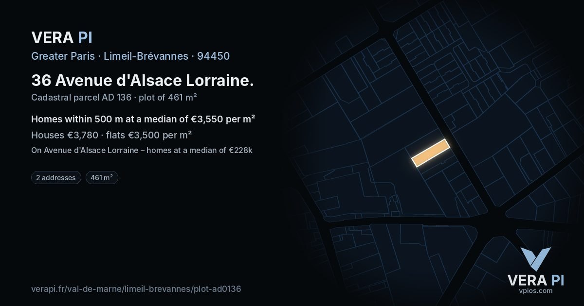 36 Avenue d'Alsace Lorraine, Limeil-Brévannes at night – the plot lit, the parcels around coloured by the prices near them