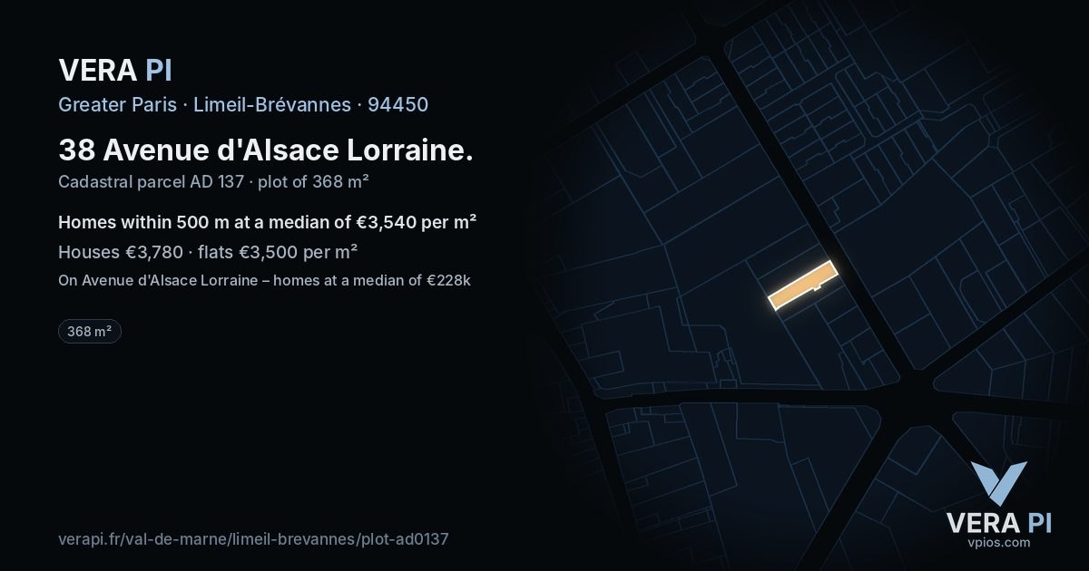 38 Avenue d'Alsace Lorraine, Limeil-Brévannes at night – the plot lit, the parcels around coloured by the prices near them