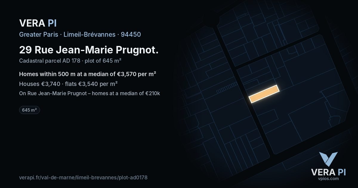 29 Rue Jean-Marie Prugnot, Limeil-Brévannes at night – the plot lit, the parcels around coloured by the prices near them