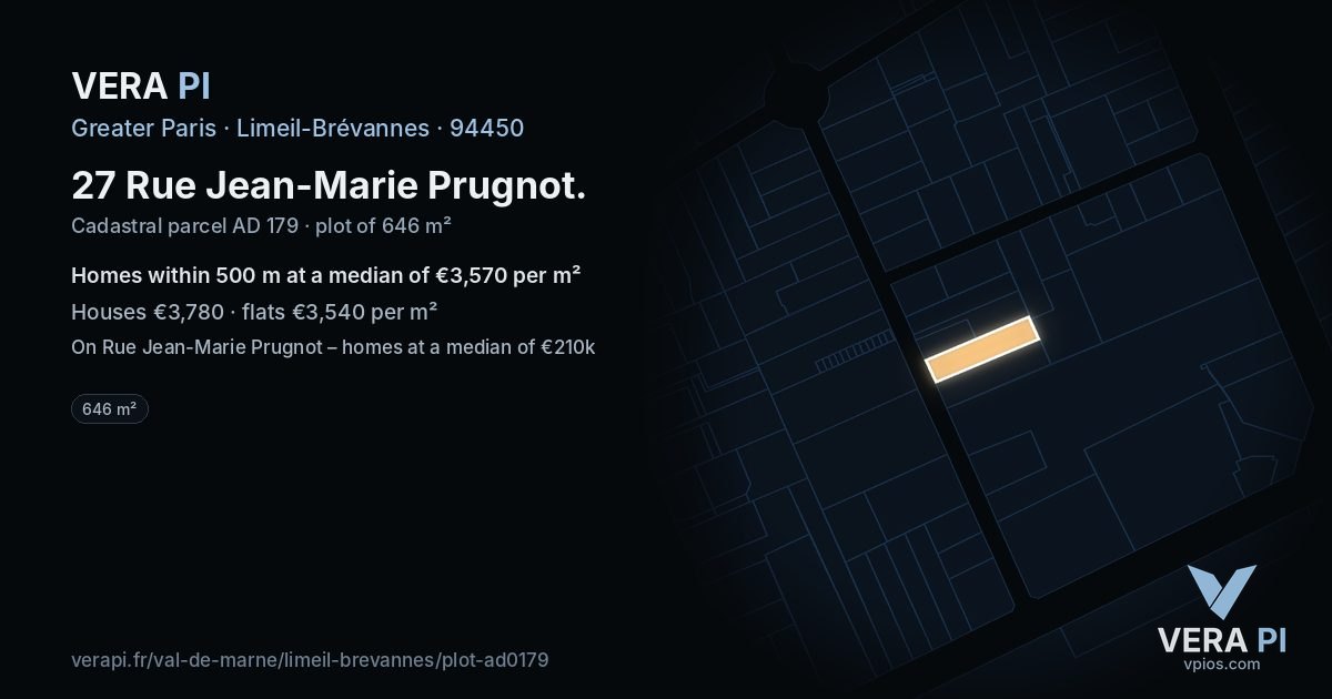27 Rue Jean-Marie Prugnot, Limeil-Brévannes at night – the plot lit, the parcels around coloured by the prices near them