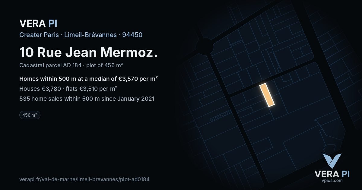 10 Rue Jean Mermoz, Limeil-Brévannes at night – the plot lit, the parcels around coloured by the prices near them