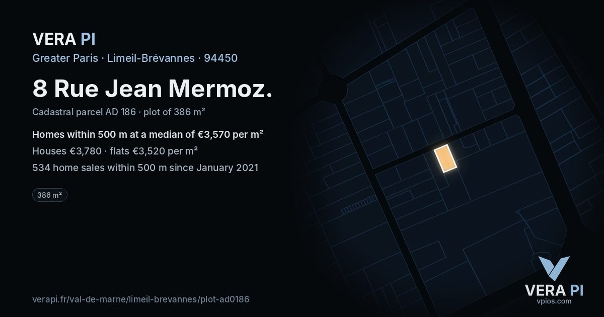 8 Rue Jean Mermoz, Limeil-Brévannes at night – the plot lit, the parcels around coloured by the prices near them