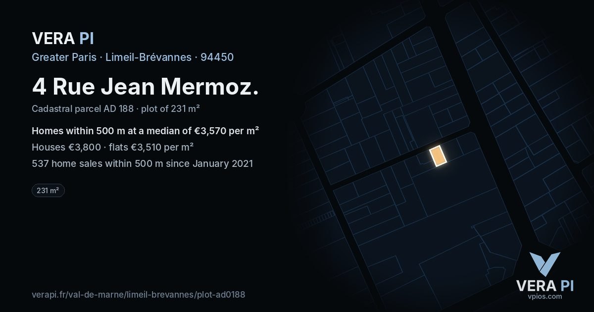 4 Rue Jean Mermoz, Limeil-Brévannes at night – the plot lit, the parcels around coloured by the prices near them