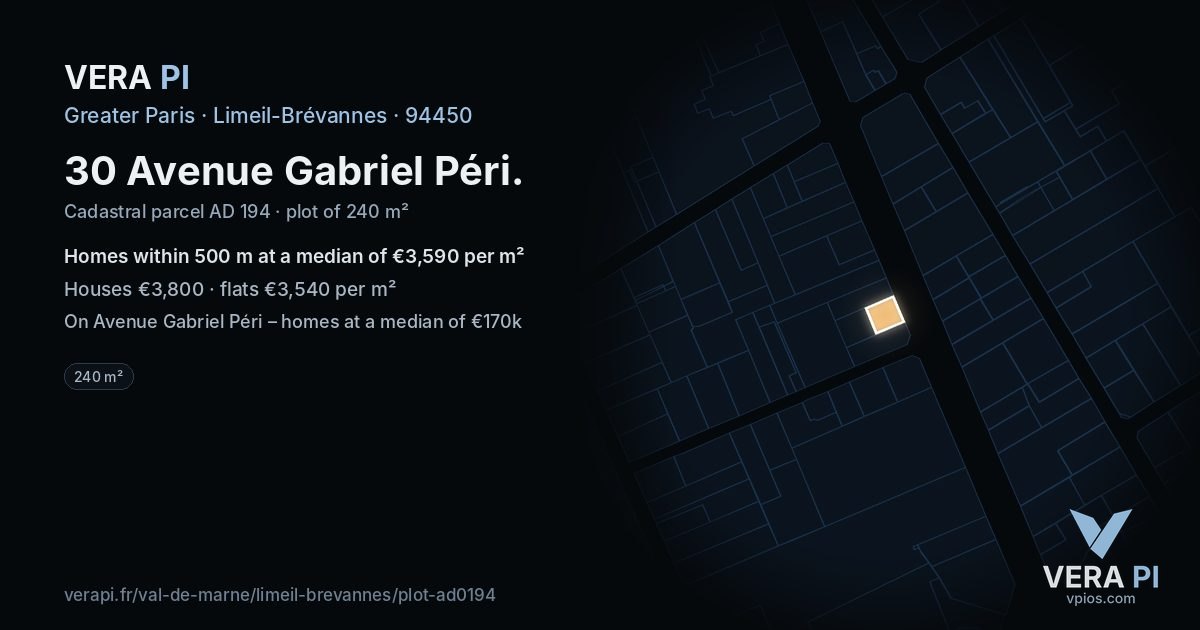 30 Avenue Gabriel Péri, Limeil-Brévannes at night – the plot lit, the parcels around coloured by the prices near them