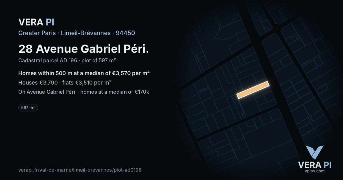 28 Avenue Gabriel Péri, Limeil-Brévannes at night – the plot lit, the parcels around coloured by the prices near them