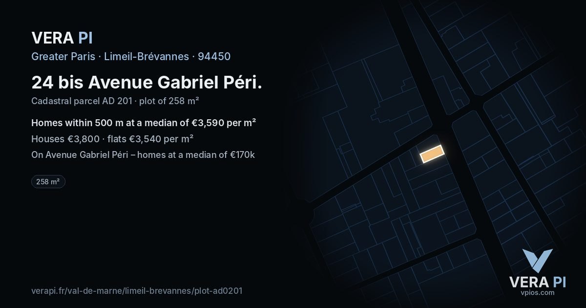 24 bis Avenue Gabriel Péri, Limeil-Brévannes at night – the plot lit, the parcels around coloured by the prices near them