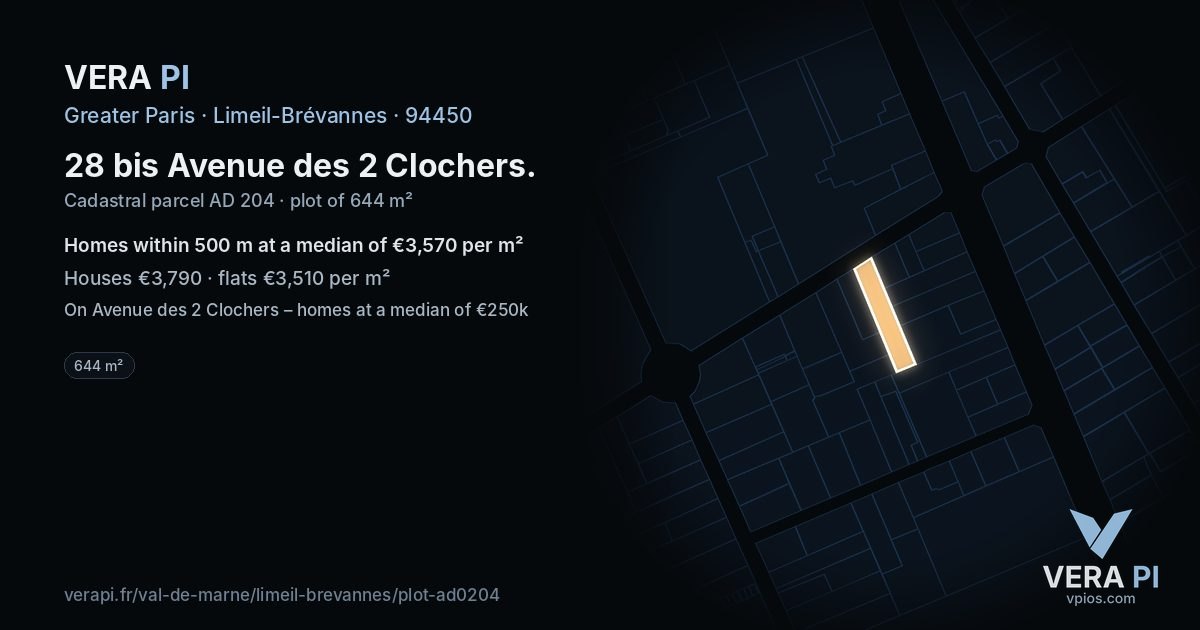 28 bis Avenue des 2 Clochers, Limeil-Brévannes at night – the plot lit, the parcels around coloured by the prices near them