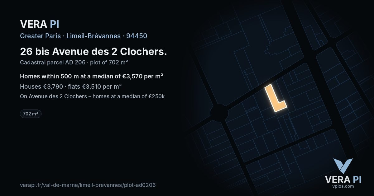 26 bis Avenue des 2 Clochers, Limeil-Brévannes at night – the plot lit, the parcels around coloured by the prices near them