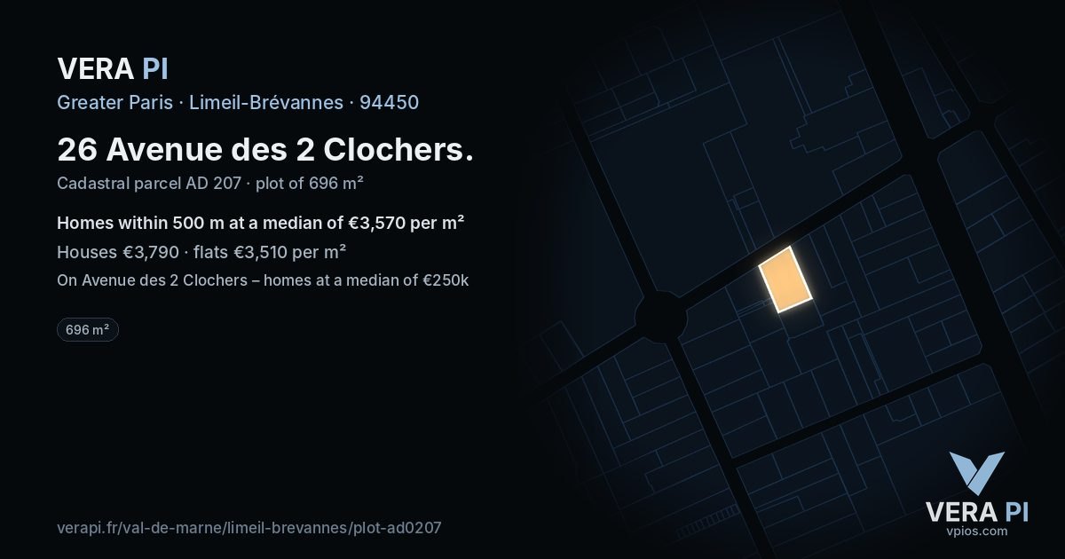 26 Avenue des 2 Clochers, Limeil-Brévannes at night – the plot lit, the parcels around coloured by the prices near them
