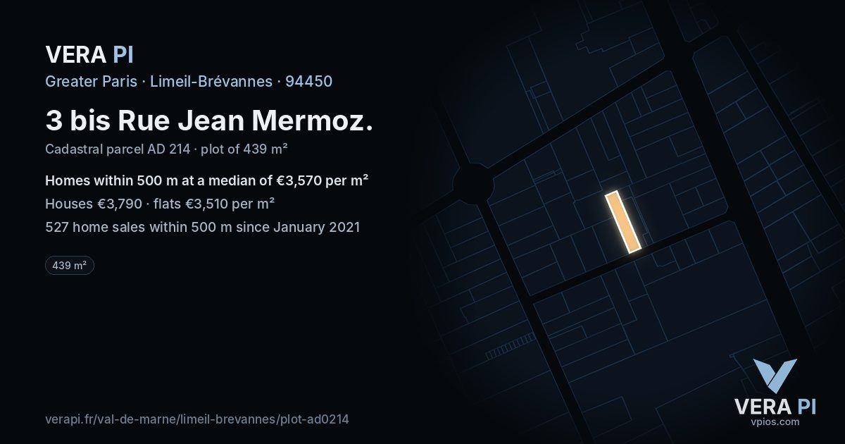 3 bis Rue Jean Mermoz, Limeil-Brévannes at night – the plot lit, the parcels around coloured by the prices near them