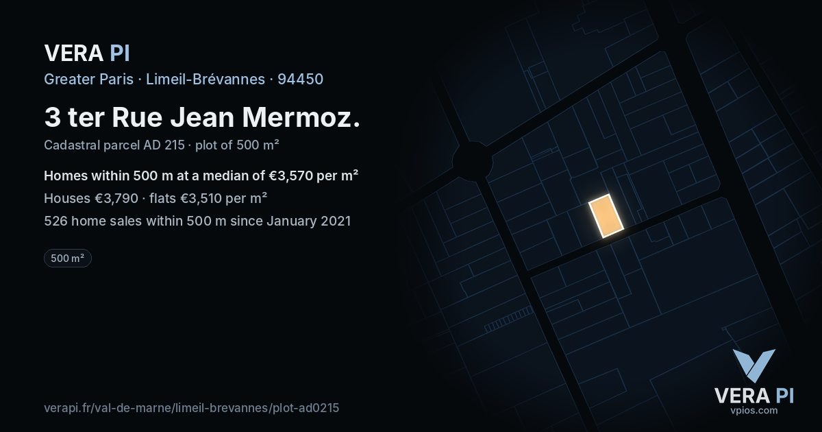 3 ter Rue Jean Mermoz, Limeil-Brévannes at night – the plot lit, the parcels around coloured by the prices near them