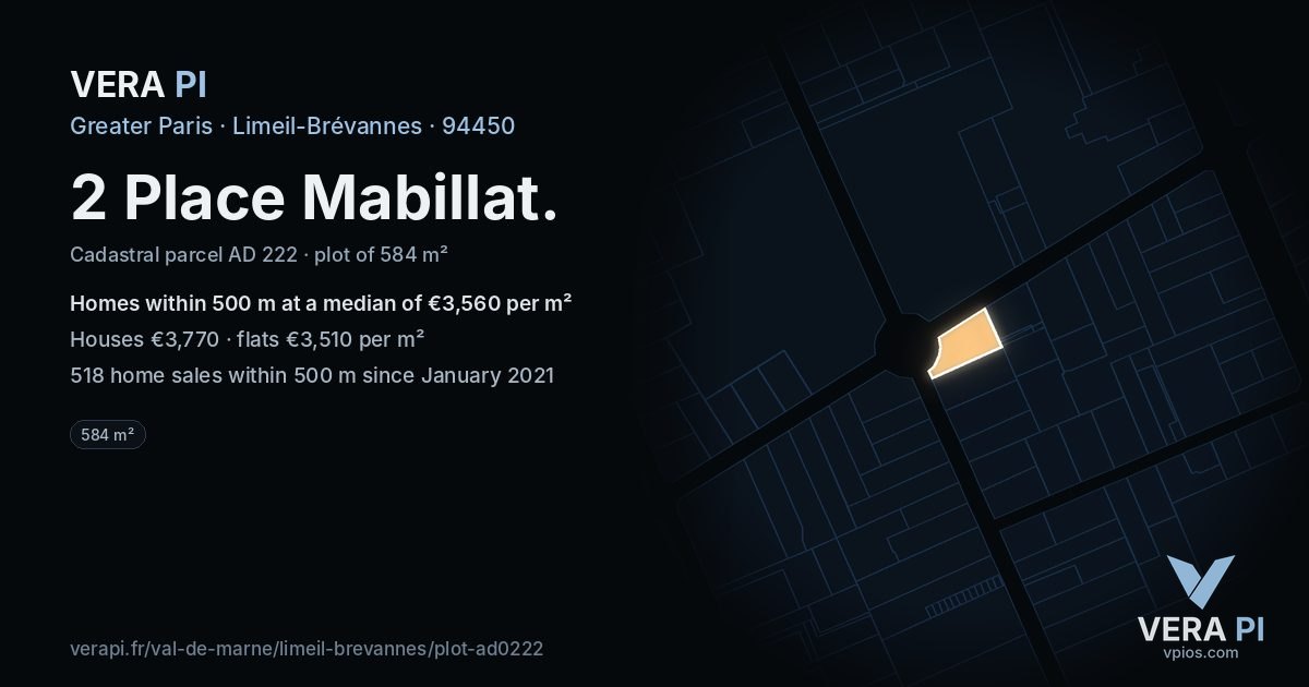 2 Place Mabillat, Limeil-Brévannes at night – the plot lit, the parcels around coloured by the prices near them