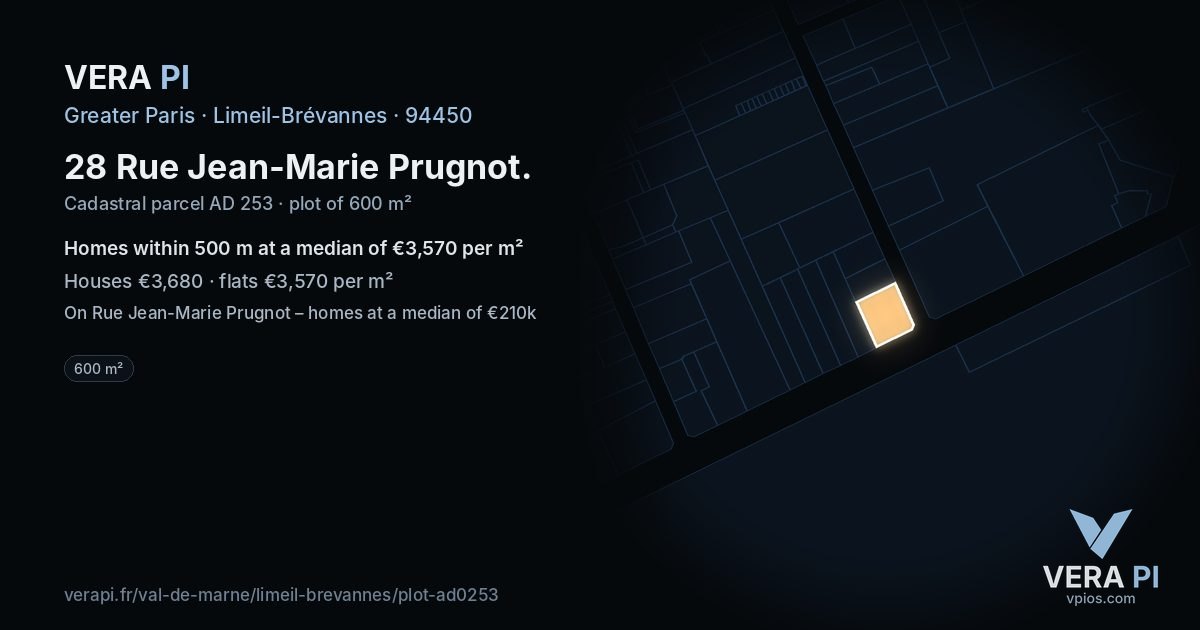 28 Rue Jean-Marie Prugnot, Limeil-Brévannes at night – the plot lit, the parcels around coloured by the prices near them