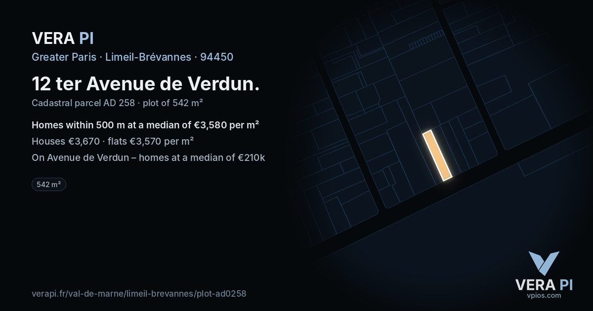 12 ter Avenue de Verdun, Limeil-Brévannes at night – the plot lit, the parcels around coloured by the prices near them