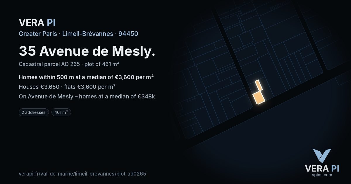 35 Avenue de Mesly, Limeil-Brévannes at night – the plot lit, the parcels around coloured by the prices near them