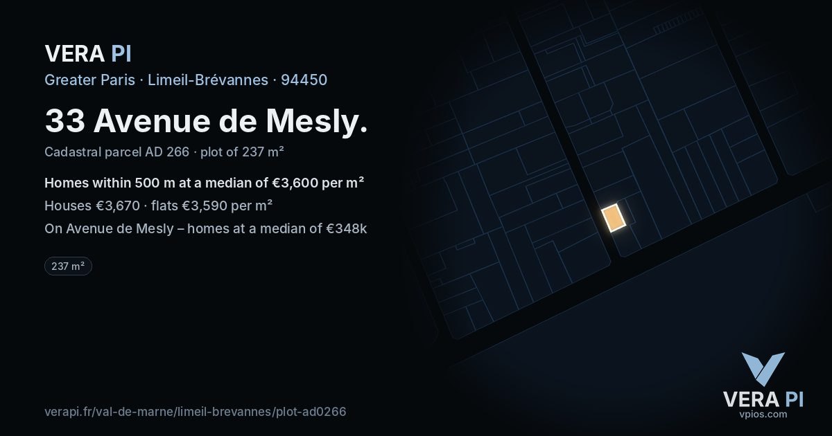 33 Avenue de Mesly, Limeil-Brévannes at night – the plot lit, the parcels around coloured by the prices near them