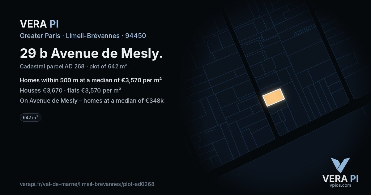 29 b Avenue de Mesly, Limeil-Brévannes at night – the plot lit, the parcels around coloured by the prices near them