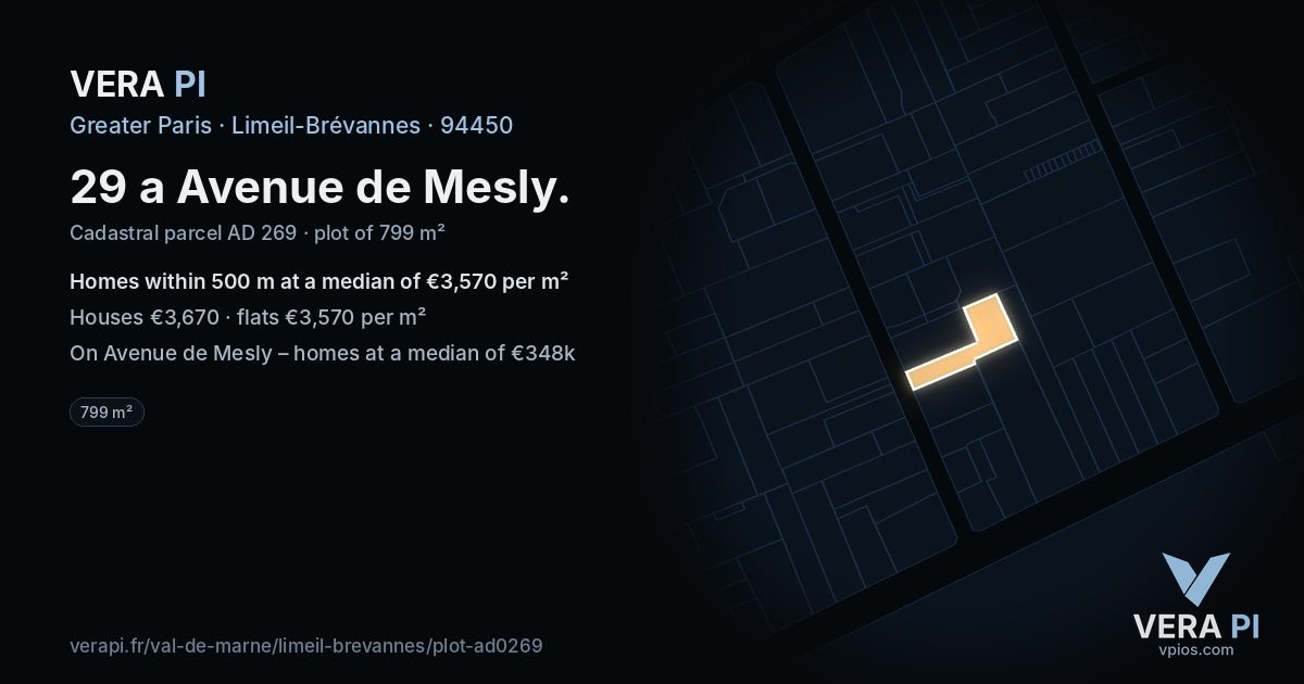 29 a Avenue de Mesly, Limeil-Brévannes at night – the plot lit, the parcels around coloured by the prices near them