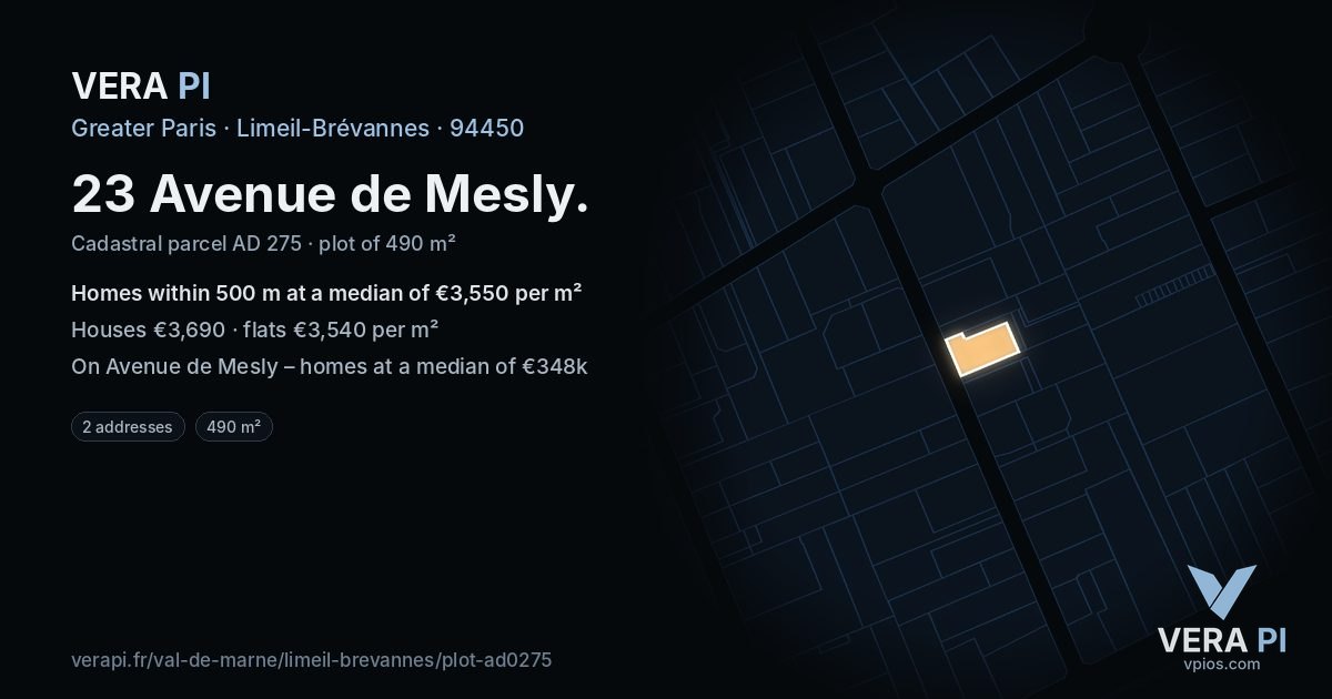 23 Avenue de Mesly, Limeil-Brévannes at night – the plot lit, the parcels around coloured by the prices near them