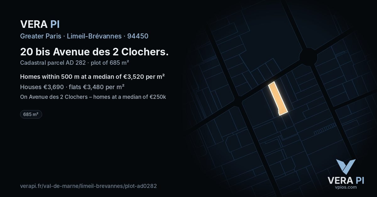 20 bis Avenue des 2 Clochers, Limeil-Brévannes at night – the plot lit, the parcels around coloured by the prices near them