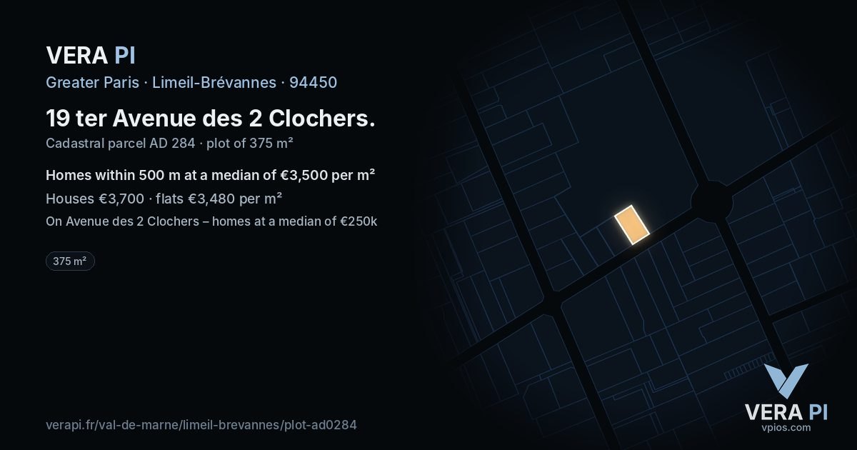 19 ter Avenue des 2 Clochers, Limeil-Brévannes at night – the plot lit, the parcels around coloured by the prices near them